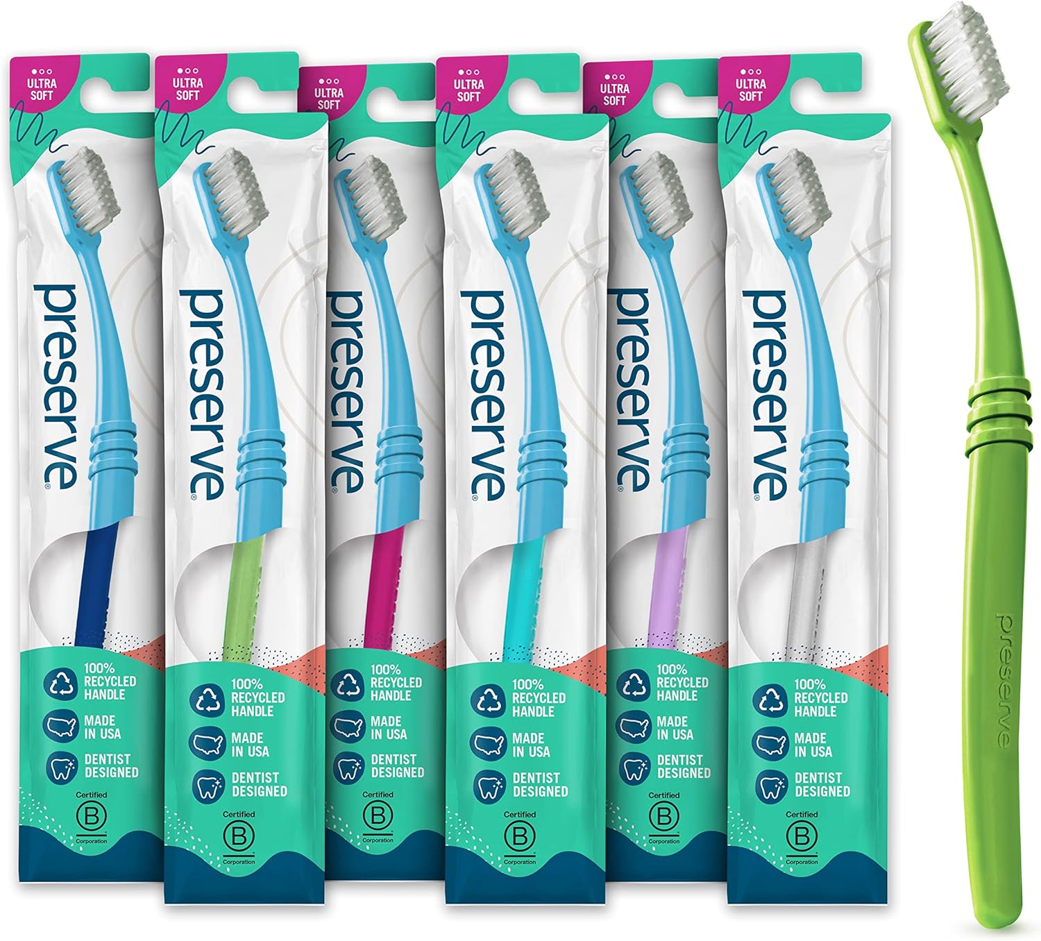 Preserve Eco Friendly Adult Toothbrushes, Made in The USA from Recycled Plastic, Lightweight Package, Ultra Soft Bristle BPA Free Tooth Brush, Colors Vary, 6 Pack
