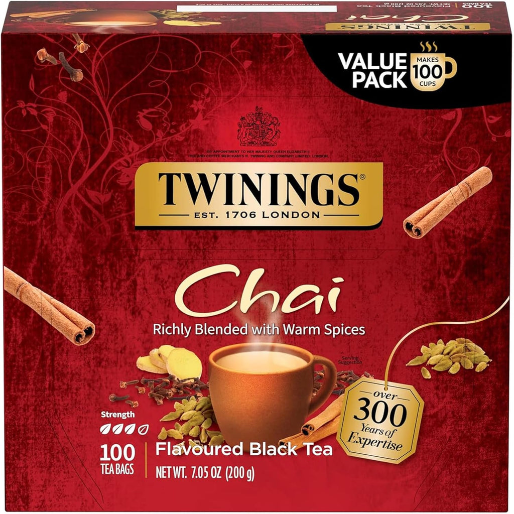 Twinings Chai Black Tea Individually Wrapped Bags, 100 Count (Pack of 1), Richly Blended with Warm Spices, Caffeinated, Enjoy Hot or Iced, 100 Teabags
