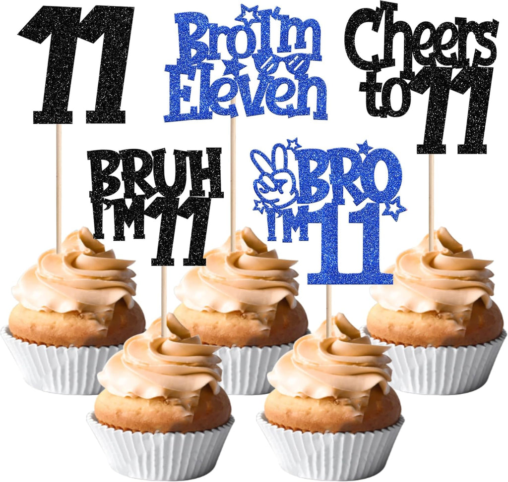 30 PCS Bro I'm 11 Cupcake Toppers Glitter Happy 11th Birthday Cupcake Picks Bruh I'm 11 Cake Decoration Cheers to Eleven Years Old for Boys Brother 11th Birthday Party Cake Decorations Supplies Blue