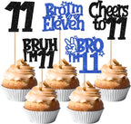 30 PCS Bro I'm 11 Cupcake Toppers Glitter Happy 11th Birthday Cupcake Picks Bruh I'm 11 Cake Decoration Cheers to Eleven Years Old for Boys Brother 11th Birthday Party Cake Decorations Supplies Blue