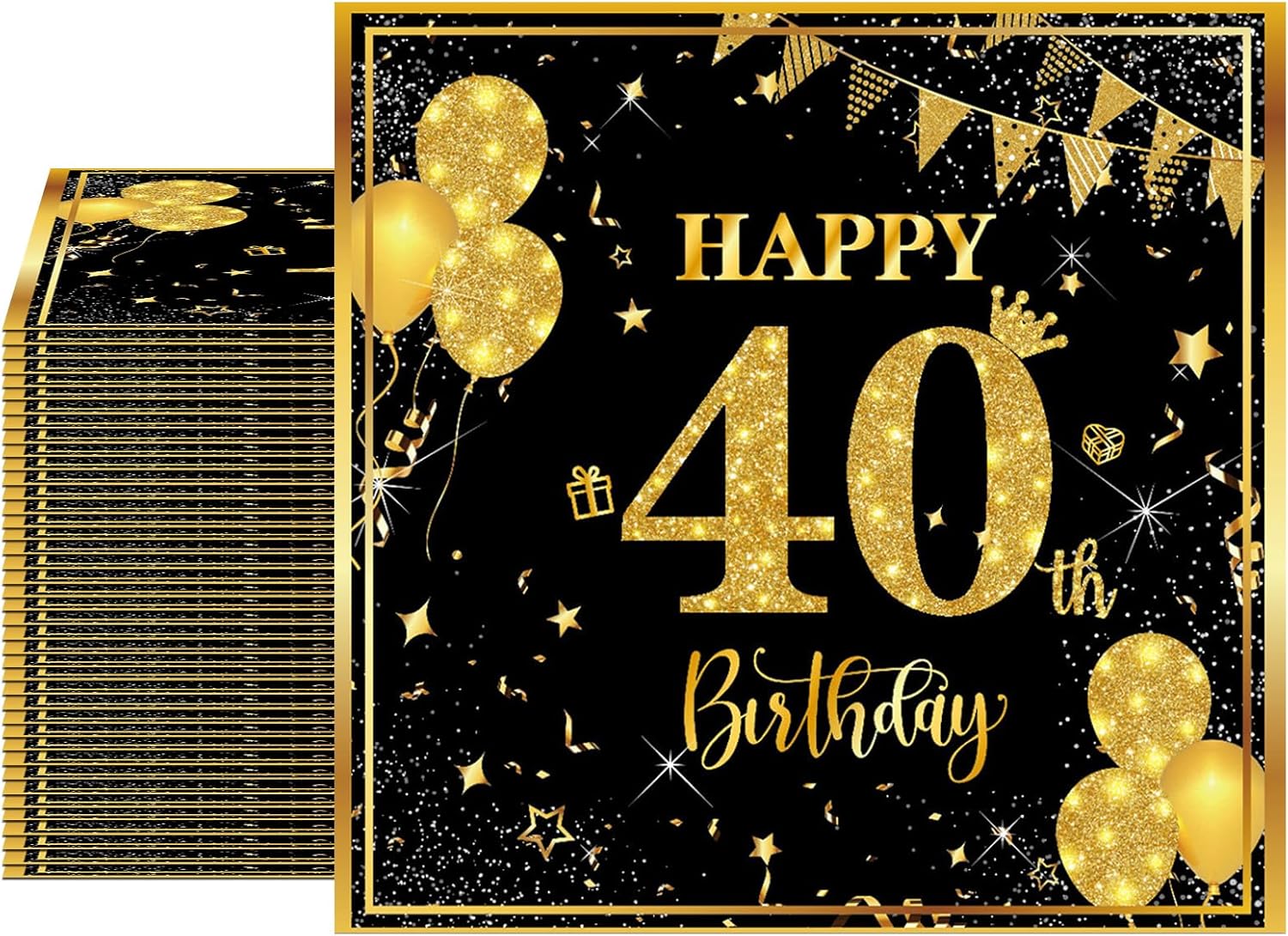 40 Pack 40th Birthday Napkins Black and Gold Glitter - 2-Ply Disposable 6.5x6.5 Inches 40th Party Supplies & Tableware