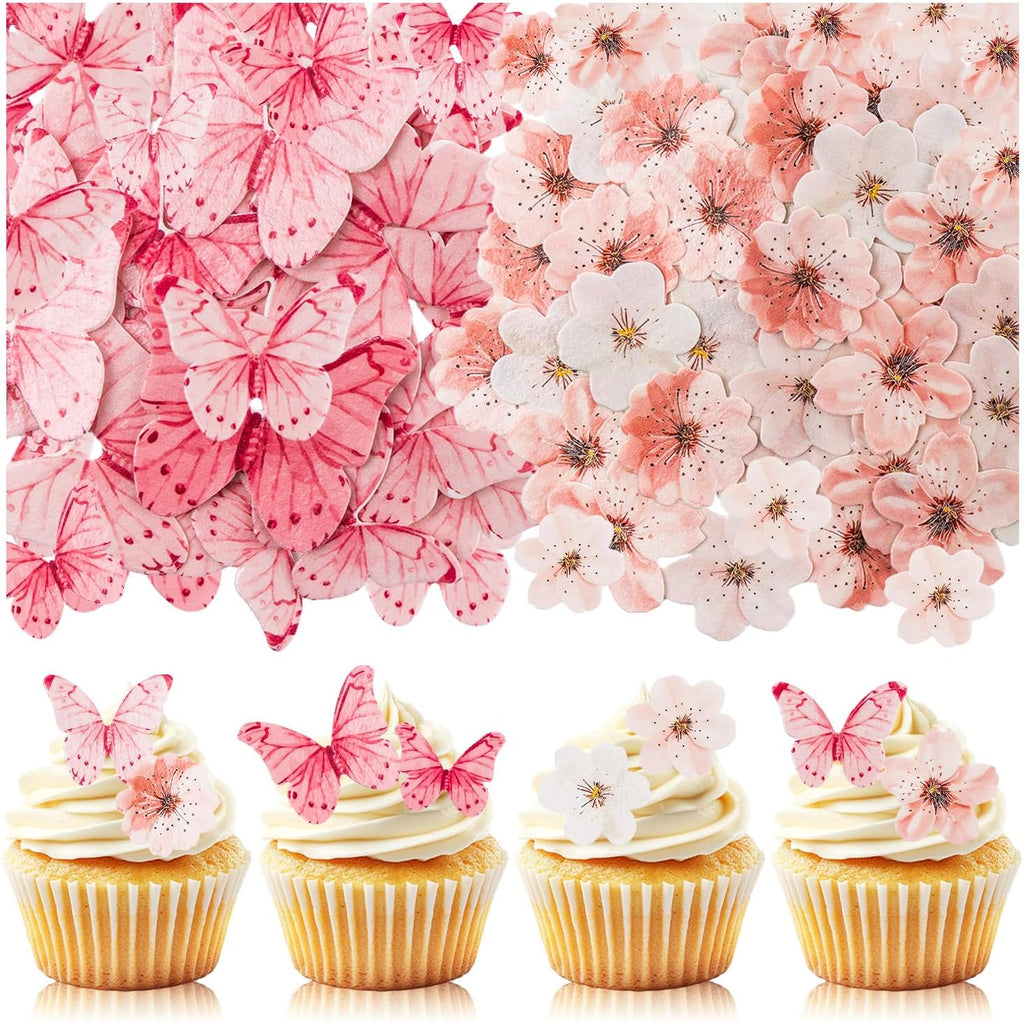 90PCS Artificial Flowers Butterfly Cupcake Toppers, Cherry Blossom Cake Topper Wafer Paper Butterfly Flower for Baby Shower Wedding Birthday Party Cake Food Decorations Supplie