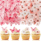 90PCS Artificial Flowers Butterfly Cupcake Toppers, Cherry Blossom Cake Topper Wafer Paper Butterfly Flower for Baby Shower Wedding Birthday Party Cake Food Decorations Supplie