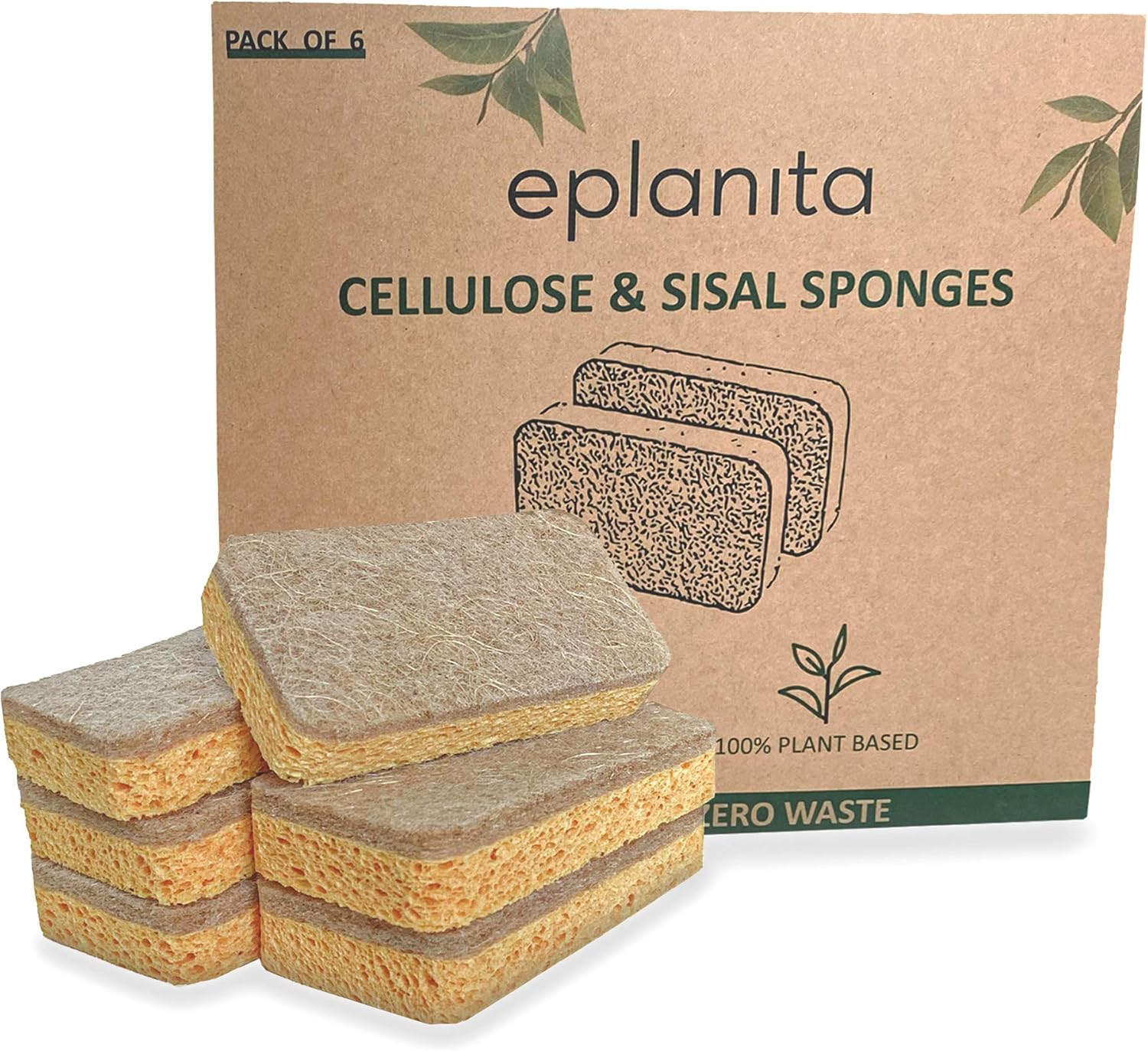 eplanita Natural Plant Based Scrub Sponges (6 Pack), Non-Scratch, Biodegradable Eco Scourers for Kitchen and Bathroom