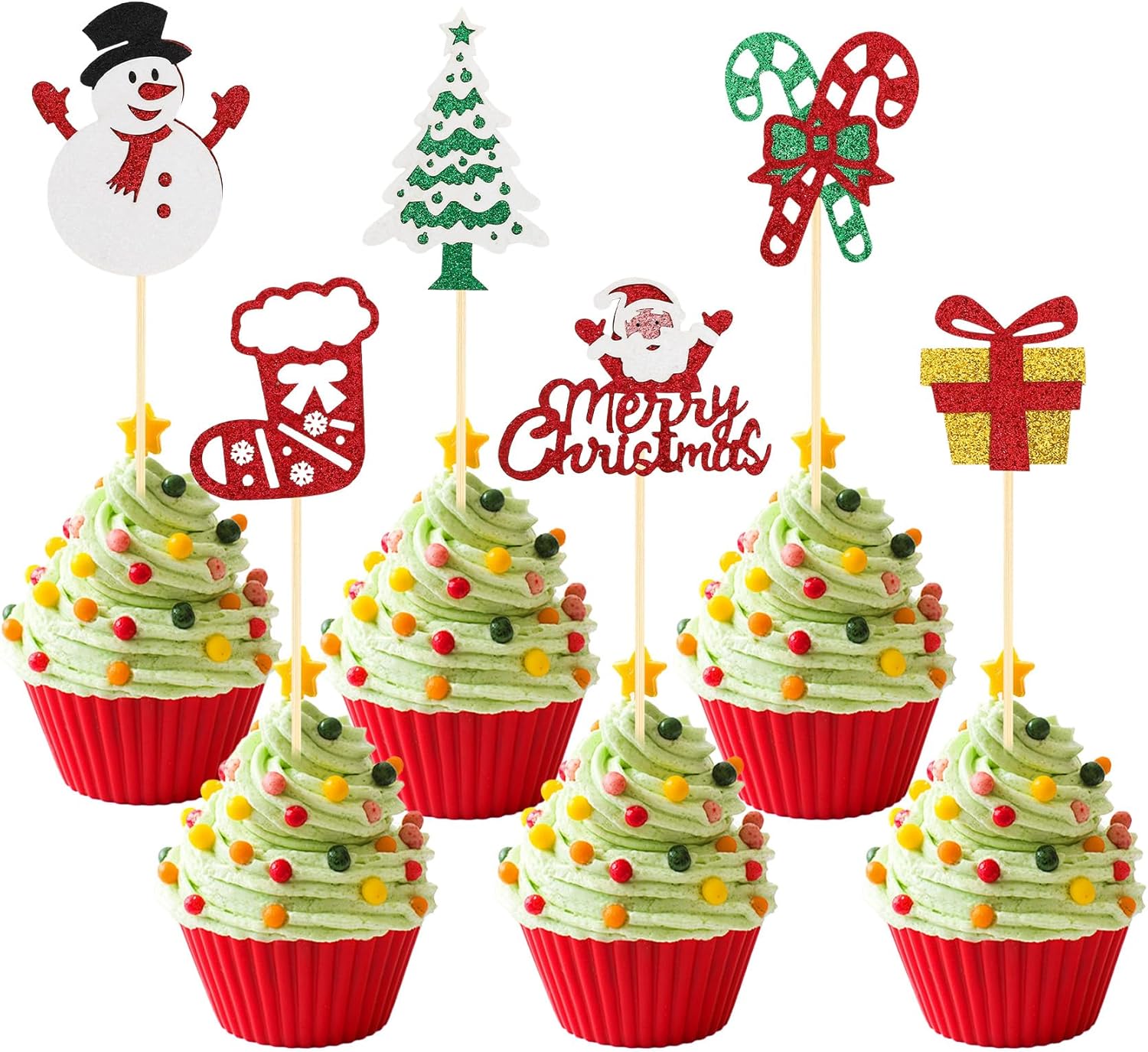 Christmas Cupcake Toppers Cake Decorations, 24 PCS Merry Christmas Cake Topper, Glitter Santa Clus Snowman Xmas Tree Decorative Cupcakes Ficks Food Picks for Xmas Holiday Party Decoration Supplies