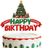 Merry Christmas Happy Birthday Cake Topper Red a And Green Glitter Tree Gift Surprise Winter Holiday Xmas Cake Decoration Boys Girls Kids Merry Themed Birthday Party