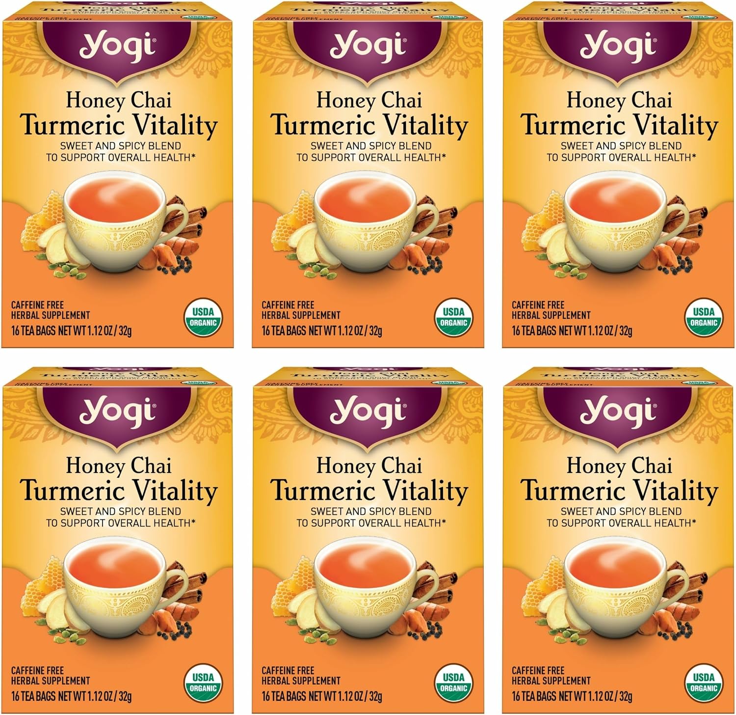 Yogi Tea Honey Chai Turmeric Vitality Tea - 16 Tea Bags per Pack (6 Packs) - Organic Tea to Support Overall Health - Includes Cinnamon Bark, Turmeric Root, Cardamom Pod, Ginger Root & More