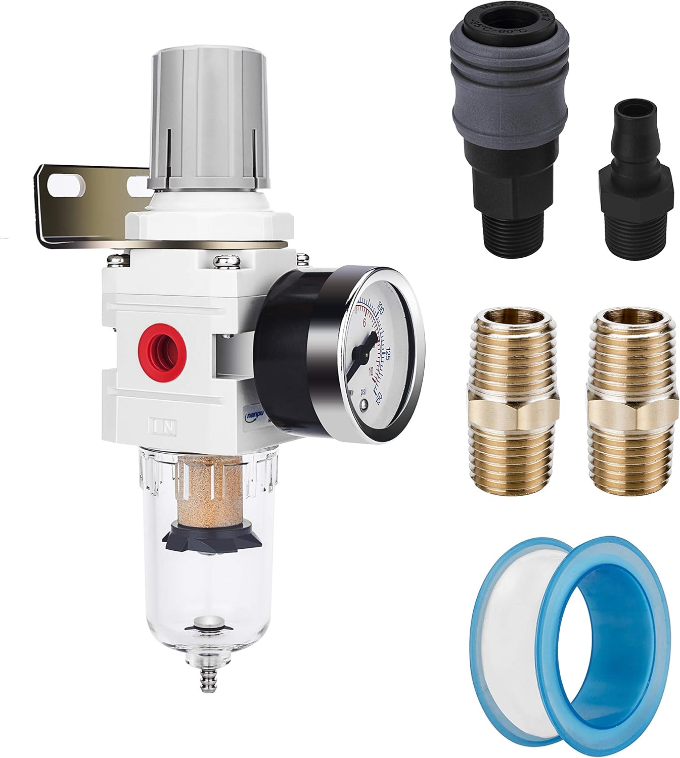 NANPU 1/4" NPT Compressed Air Filter Regulator Combo Piggyback, 5 Micron Brass Element, Poly Bowl, Semi-Auto Drain, Metal Bracket, 0-150 psi Gauge