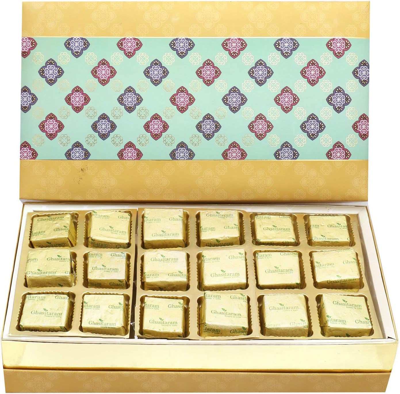 Ghasitaram Gifts Diwali Gifts Diwali Sugarfree Chocolates - 5 Part Print 18 Pcs Sugarfree Chocolates Box