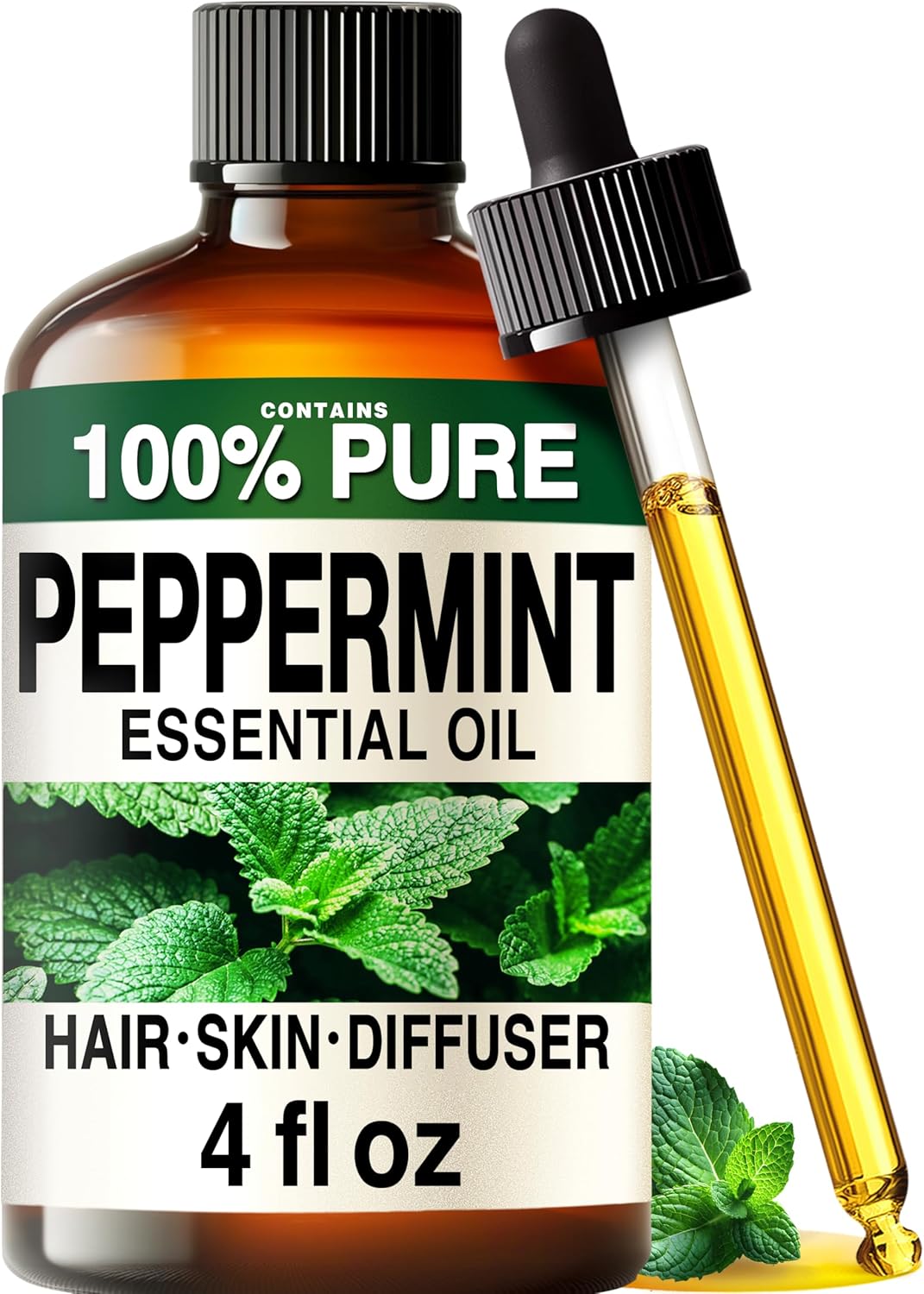 100% Pure Peppermint Oil - 4 Fl Oz Peppermint Essential Oil for Hair, Skin, Diffuser, Aromatherapy & DIY Soap Making Scent