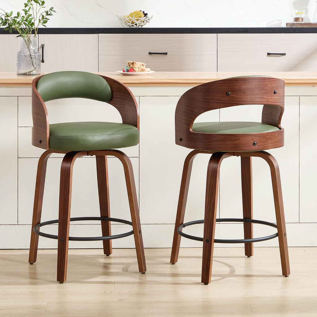 Swivel Bar Stools Set of 2,26" Faux Leather Upholstered Counter Height Barstools with Back,Mid-Century Modern Bar Chairs with Bentwood Legs and Footrest for Kitchen Island Bar Counter Green