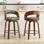 Swivel Bar Stools Set of 2,26" Faux Leather Upholstered Counter Height Barstools with Back,Mid-Century Modern Bar Chairs with Bentwood Legs and Footrest for Kitchen Island Bar Counter Green