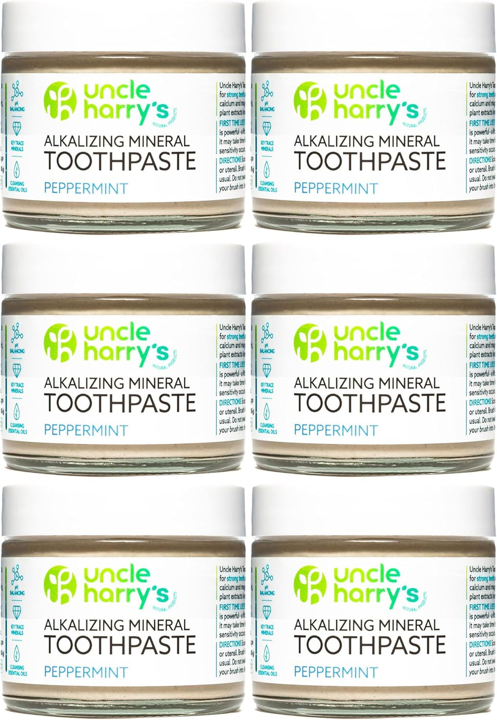 Uncle Harry's Natural & Fluoride-Free Remineralizing Toothpaste - Freshens Breath & Strengthens Enamel - Peppermint, 3 Ounce (Pack of 6)