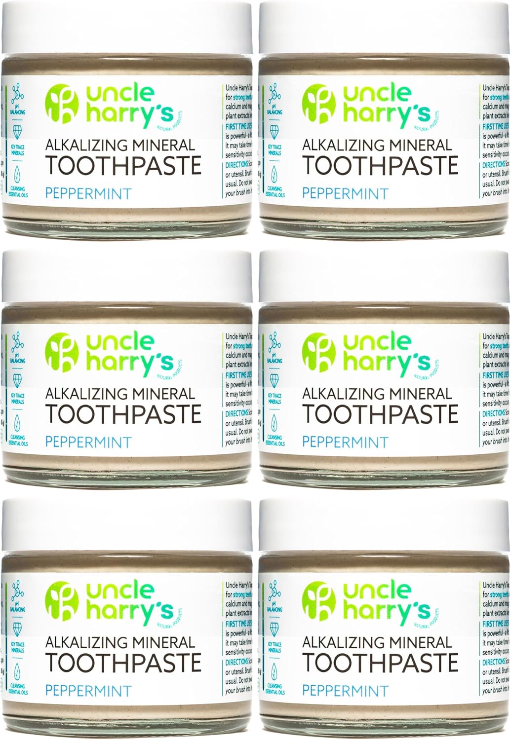 Uncle Harry's Natural & Fluoride-Free Remineralizing Toothpaste - Freshens Breath & Strengthens Enamel - Peppermint, 3 Ounce (Pack of 6)