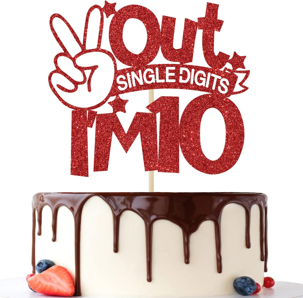 Out Single Digits I'm 10 Cake Topper, Double Digits 10, for Boys Girls 10th Birthday Decorations, Happy 10th Bithday Decorations Red Glitter