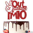 Out Single Digits I'm 10 Cake Topper, Double Digits 10, for Boys Girls 10th Birthday Decorations, Happy 10th Bithday Decorations Red Glitter
