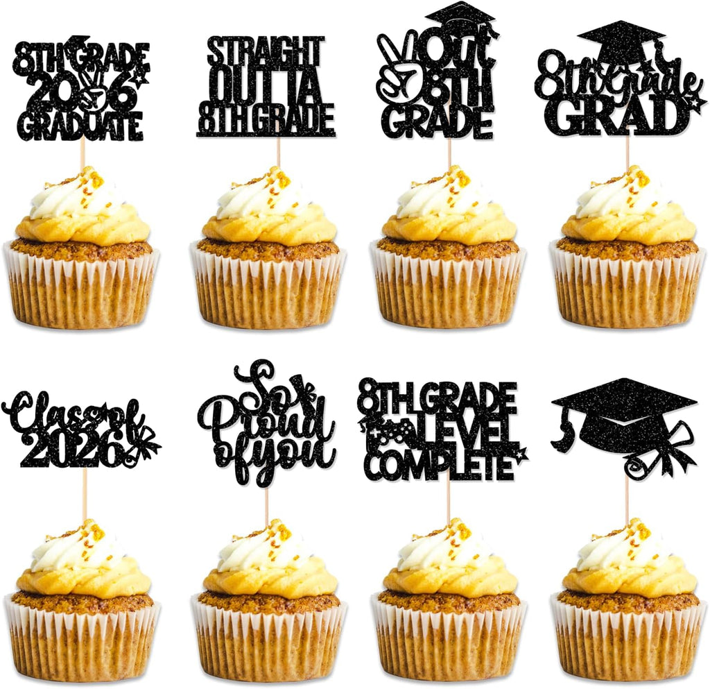 32 Pieces 8th Grade Grad Cupcake Toppers Black Glittery Eighth Grade Graduation Cupcake Decorations Class of 2026 Peace out 8th Grade Cupcake Picks for Middle School Grad Party Cupcake Decorations