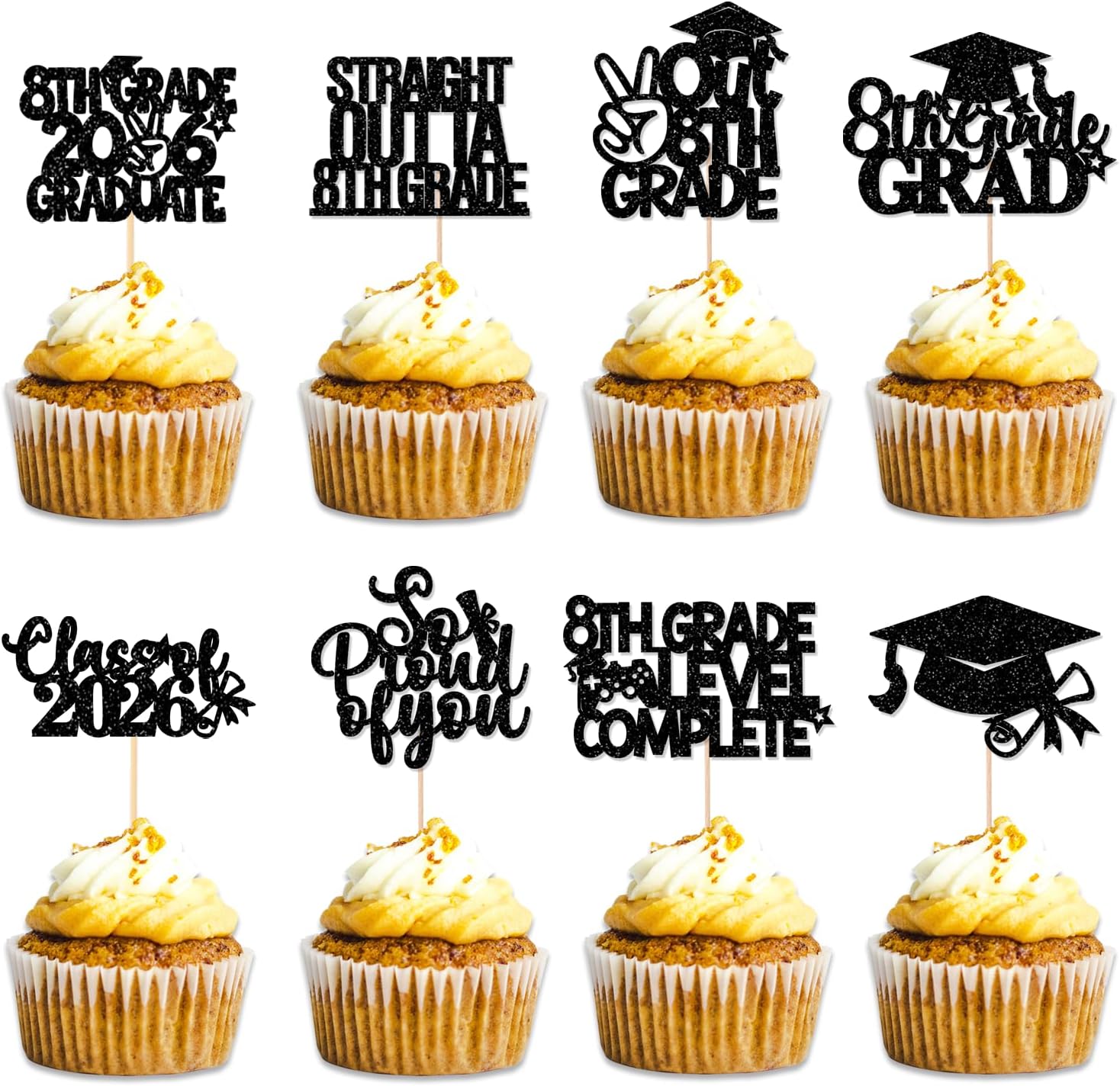 32 Pieces 8th Grade Grad Cupcake Toppers Black Glittery Eighth Grade Graduation Cupcake Decorations Class of 2026 Peace out 8th Grade Cupcake Picks for Middle School Grad Party Cupcake Decorations