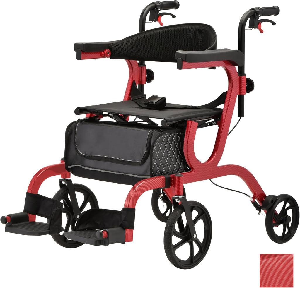 NOVA 2-in-1 Rollator Walker & Transport Chair, Folding Mobility Aid with 10” Front Wheels, Removable Footrests, Lightweight Rolling Walker for Seniors, Walker Wheelchair Combo, Red