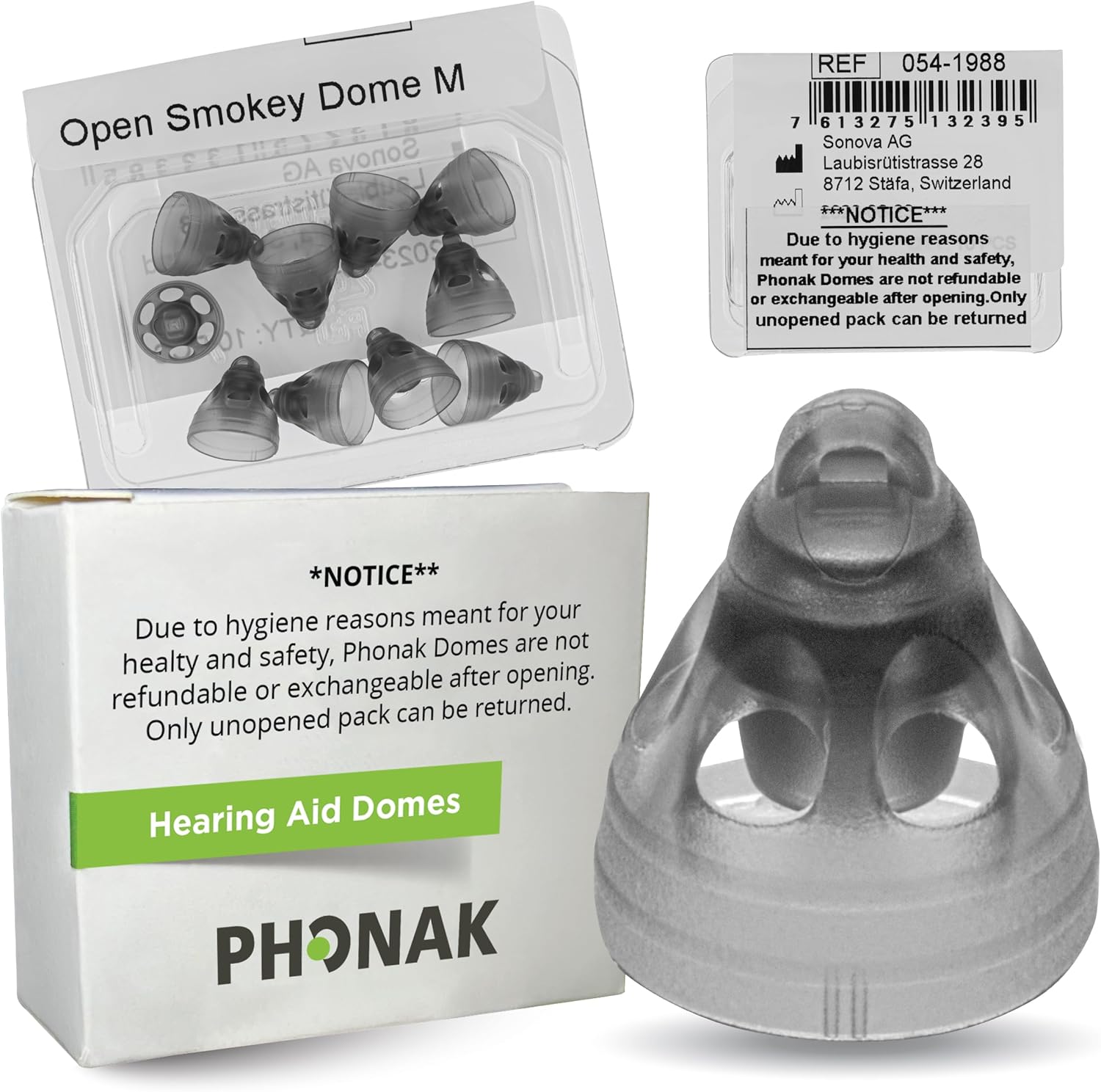 Phonak Open Smokey Dome Medium (0.31 inch=8mm) 10 Domes, Genuine OEM Switzerland Replacement by Sonova, Hearing Aid Domes for Standard 2 Pin Receiver Accessories -1 Pack/10 Domes Total