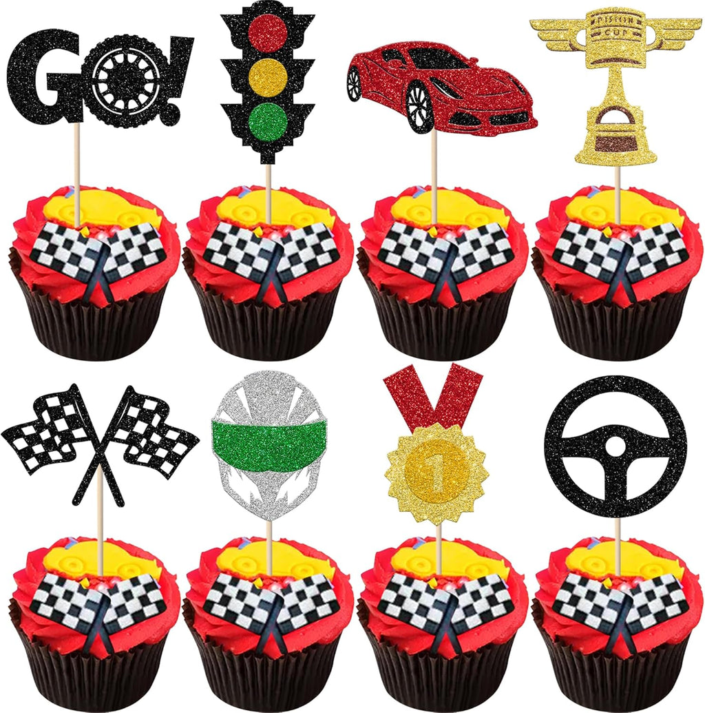 Rsstarxi 24 Pack Race Car Cupcake Toppers Glitter Traffic Light Trophy Flag Racing Cup Cupcake Picks for Racing Theme Baby Shower Boys Birthday Party Cake Decorations Supplies