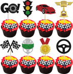 Rsstarxi 24 Pack Race Car Cupcake Toppers Glitter Traffic Light Trophy Flag Racing Cup Cupcake Picks for Racing Theme Baby Shower Boys Birthday Party Cake Decorations Supplies
