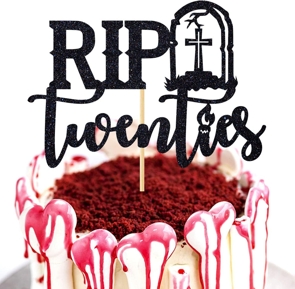 Rip Twenties Cake Topper, Death to My Twenties/Funeral for My Youth Cake Decorations, Old English Themed 30th Birthday Party Decorations Supplies, Black Glitter
