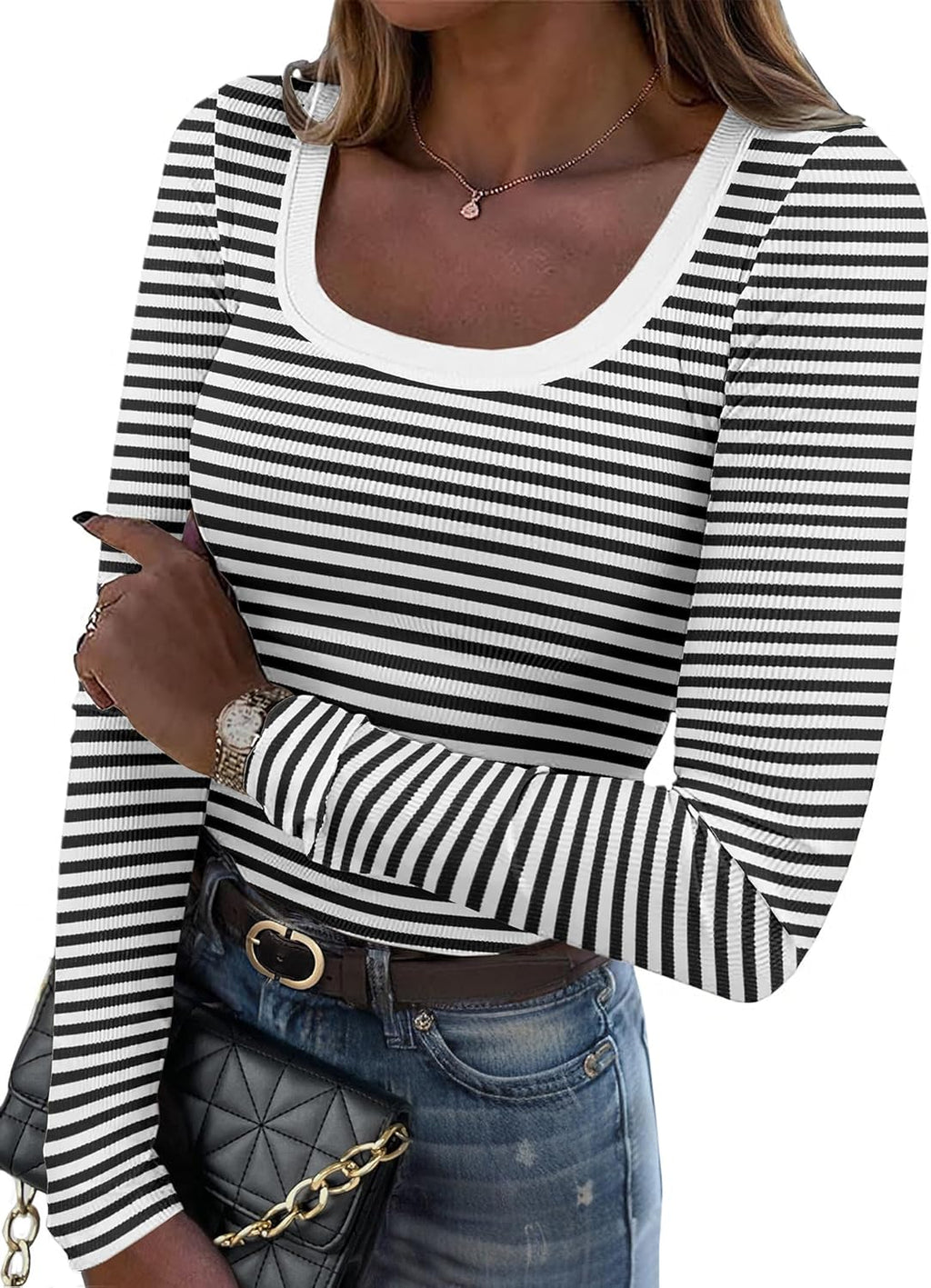 Zeagoo Women's Long Sleeve Scoop Neck Shirts Casual Slim Fit Rib Knit Tops Summer Fall Basic Business Work Tee