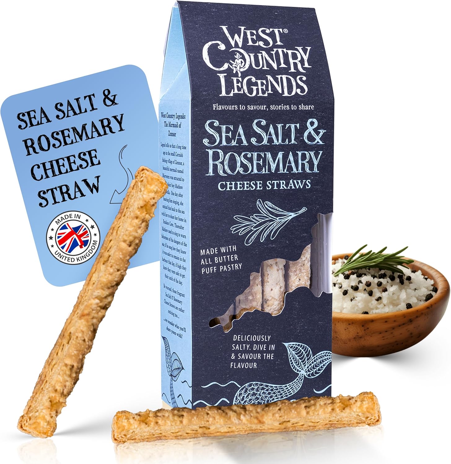 West Country Legends Sea Salt & Rosemary Cheese Straws 100g – Traditional Cheddar Cheese Straws with Sea Salt and Rosemary – Oven Baked Breadsticks Made with Butter Puff Pastry – Savory Bread Sticks Snacks Gourmet Bakery Treat – Pack of 1