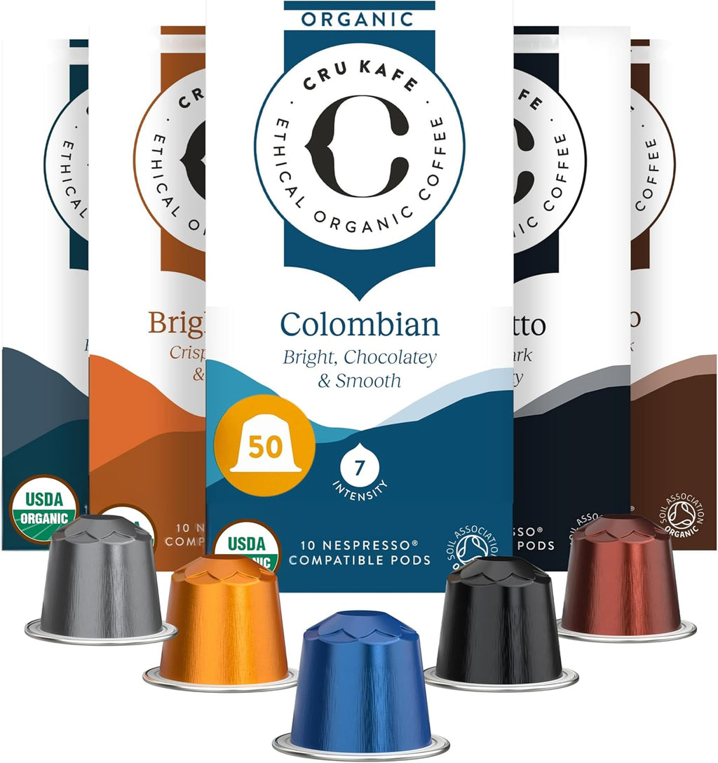 CRU Kafe Discovery Set Organic Coffee Pod, 50 Pods (5 Packs of 10 Coffee Capsules) Compatible with Nespresso OriginalLine