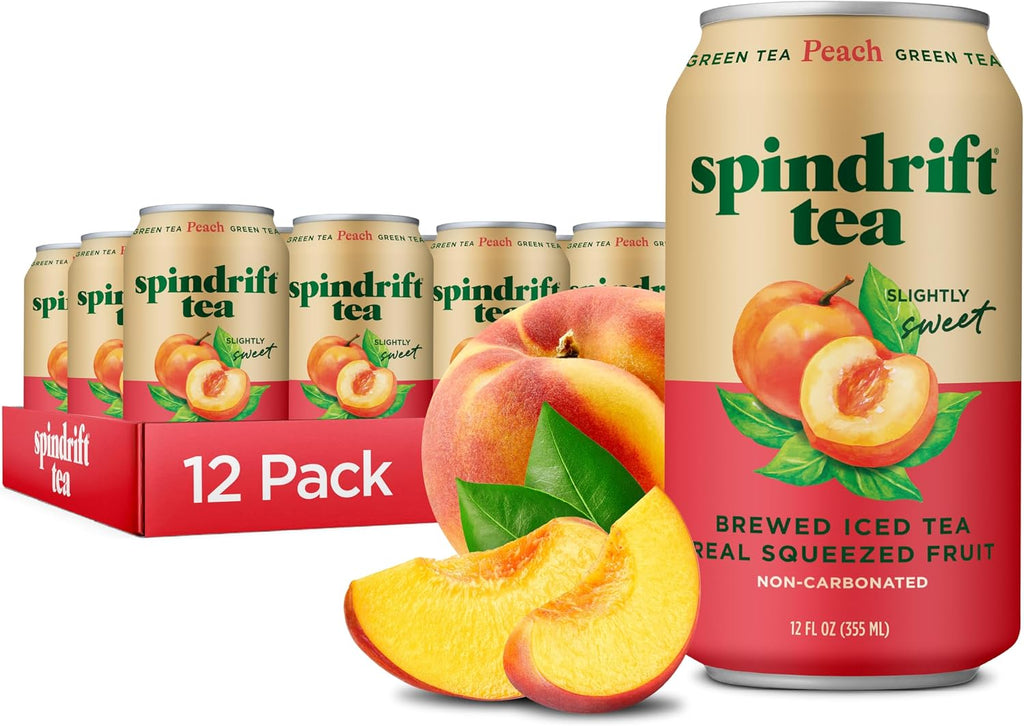 Spindrift Brewed Iced Tea, Peach Green Tea, Made with Real Squeezed Fruit, No Carbonation, Slightly Sweet, 12 Fl Oz Cans, Pack of 12 (Only 49 Calories per Can)