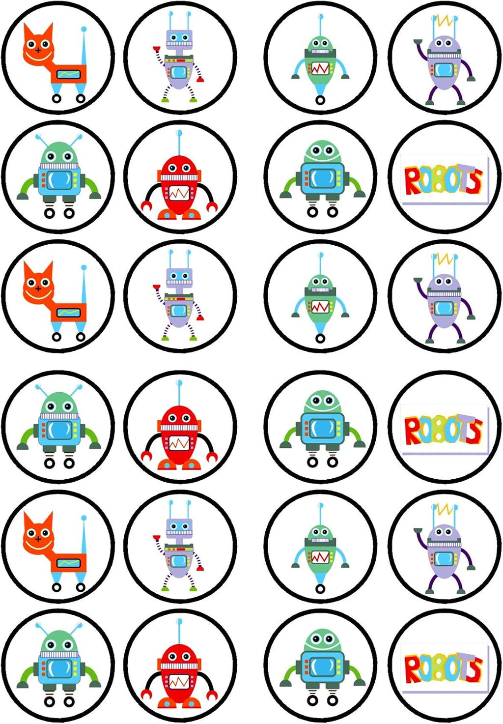 24 Robots Theme Edible Cupcake Toppers - Stand Up Discs Wafer Cake Decorations, for Boys, Robot Toppers for Cake Decorating, Birthday Cookie Decorations for Kids 1.5 Inch / 4cm Wafer Card UNCUT