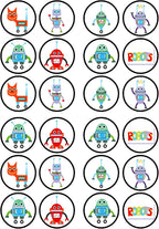 24 Robots Theme Edible Cupcake Toppers - Stand Up Discs Wafer Cake Decorations, for Boys, Robot Toppers for Cake Decorating, Birthday Cookie Decorations for Kids 1.5 Inch / 4cm Wafer Card UNCUT