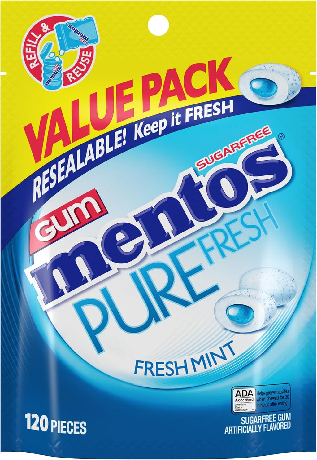 Mentos Pure Fresh Sugar-Free Chewing Gum with Xylitol, Fresh Mint, 120 Piece Resealable Bag (Pack of 1)