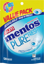 Mentos Pure Fresh Sugar-Free Chewing Gum with Xylitol, Fresh Mint, 120 Piece Resealable Bag (Pack of 1)
