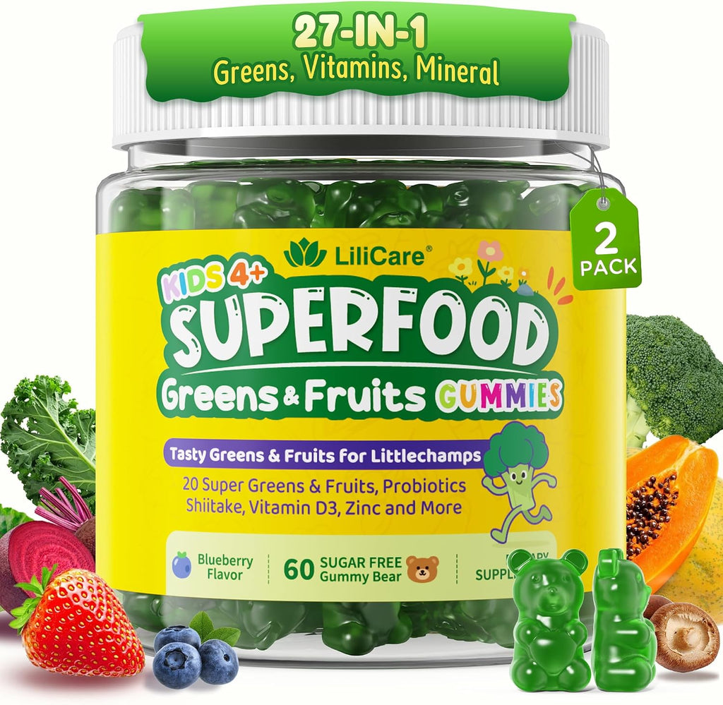 Kids Multivitamin Gummies w/Super Greens, 30 Veggie, Fruit, Iron, Daily Vitamin A C E D3 B12, Zinc, Probiotic, Shiitake, Kids Vitamins for Picky Eater Growth, Immunity, Digestion, Sugar Free, 2Pack
