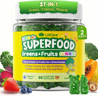 Kids Multivitamin Gummies w/Super Greens, 30 Veggie, Fruit, Iron, Daily Vitamin A C E D3 B12, Zinc, Probiotic, Shiitake, Kids Vitamins for Picky Eater Growth, Immunity, Digestion, Sugar Free, 2Pack