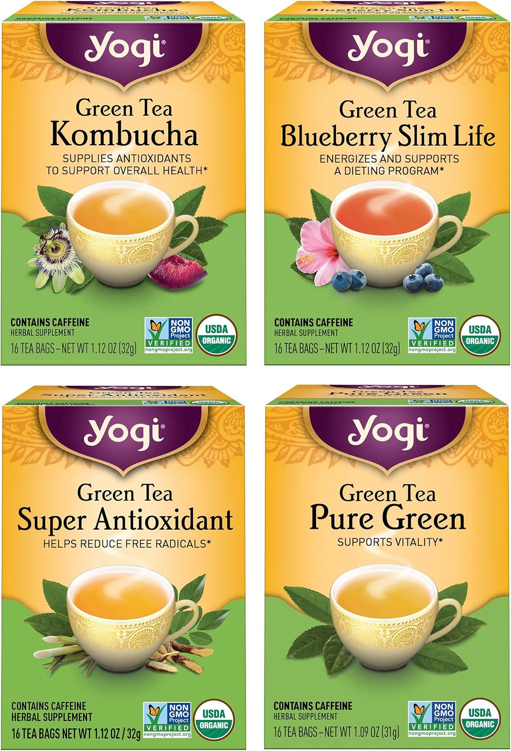 Yogi Tea - Green Tea Variety Pack - 16 Tea Bags Per Pack (4 Pack) - Supports Overall Health & Vitality - Sampler Includes Four Assorted Green Teas - Caffeinated Organic Teas