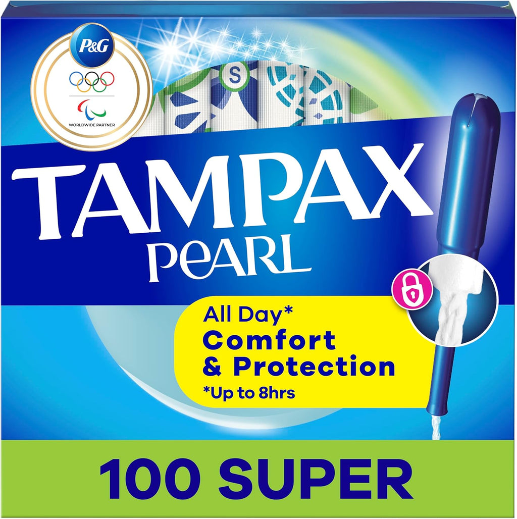 Tampax Pearl Tampons for Women, with LeakGuard Braid, Super Absorbency, Unscented, 100 Count (2 Packs of 50)