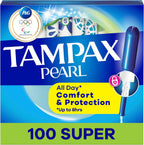 Tampax Pearl Tampons for Women, with LeakGuard Braid, Super Absorbency, Unscented, 100 Count (2 Packs of 50)