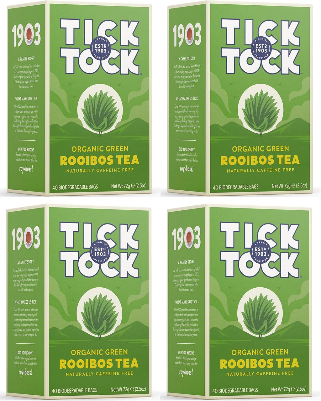 TICK TOCK TEAS Organic Rooibos Tea, Green Tea, Naturally Caffeine Free Red Bush Herbal Tea, Rich in Anti-Oxidants, South African, Superfood - 40 Count (Pack of 4), Packaging May Vary