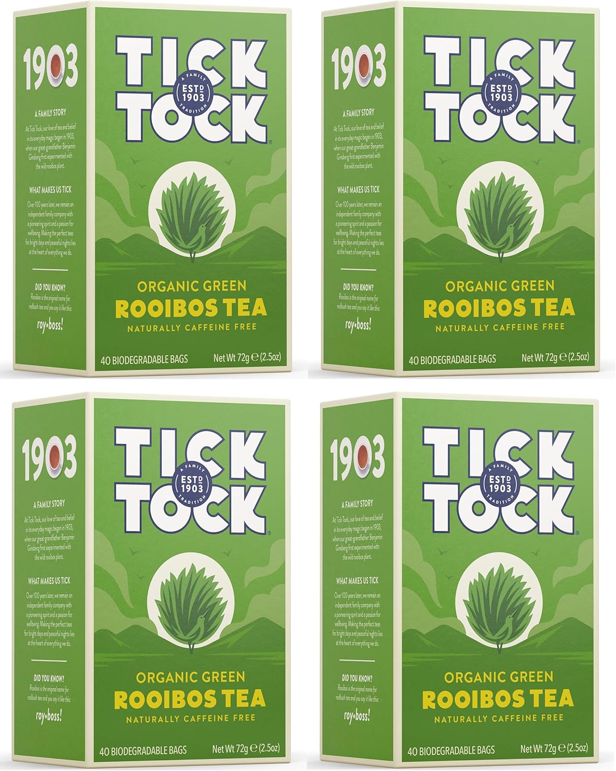 TICK TOCK TEAS Organic Rooibos Tea, Green Tea, Naturally Caffeine Free Red Bush Herbal Tea, Rich in Anti-Oxidants, South African, Superfood - 40 Count (Pack of 4), Packaging May Vary