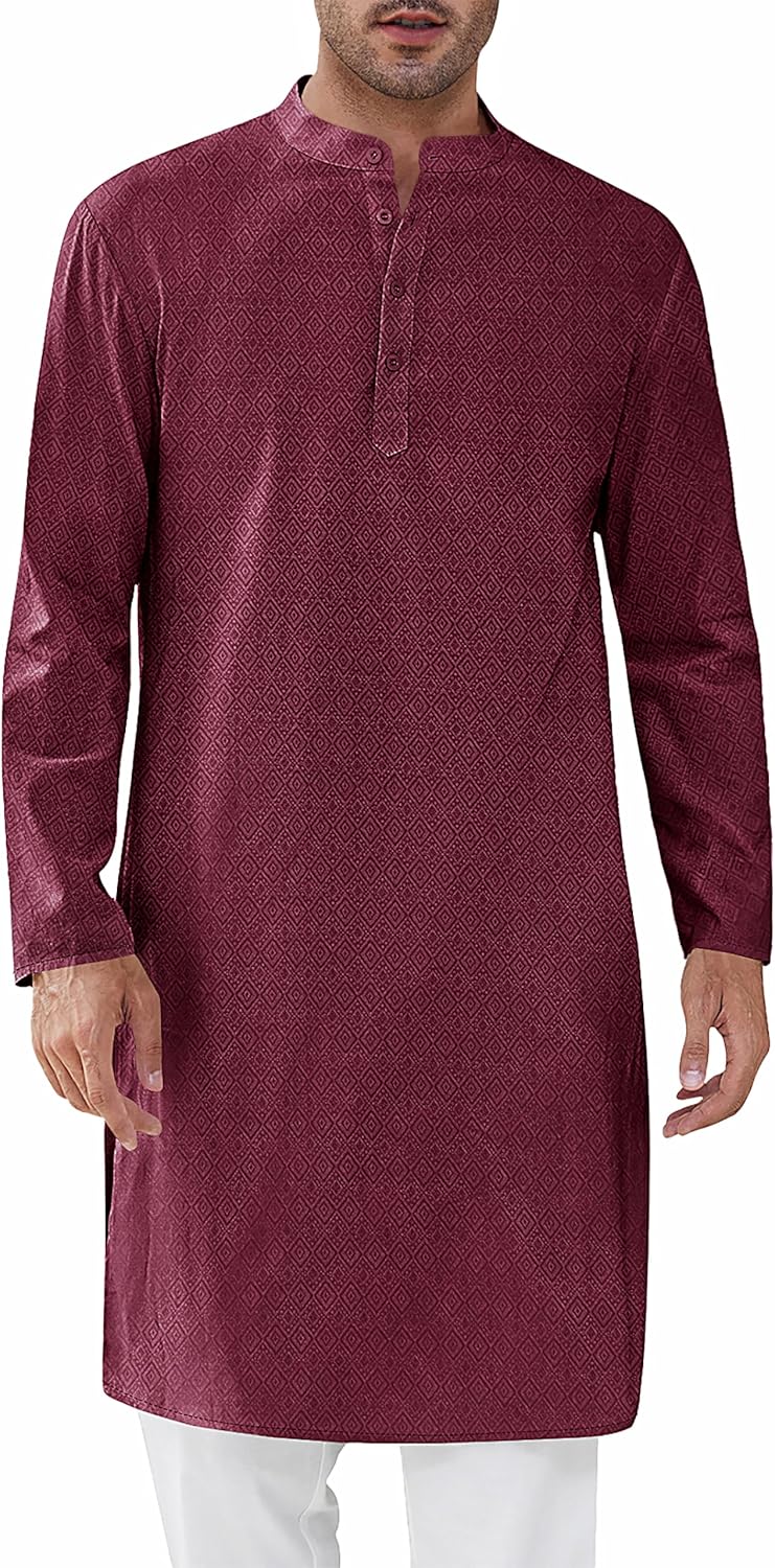Runcati Mens Kaftan Thobe Textured Henley Shirt Long Sleeve Robe Casual Muslim Gown Shirt