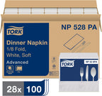 Tork White Soft Dinner Napkin, 1/8 Fold 2-ply, 15" x 17, 28 x 100 napkins, NP528PA