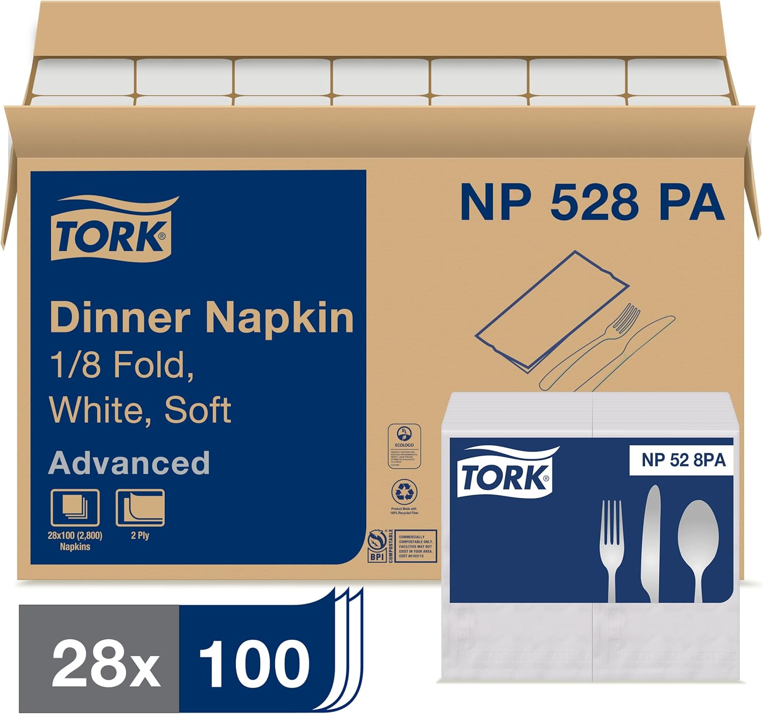 Tork White Soft Dinner Napkin, 1/8 Fold 2-ply, 15" x 17, 28 x 100 napkins, NP528PA