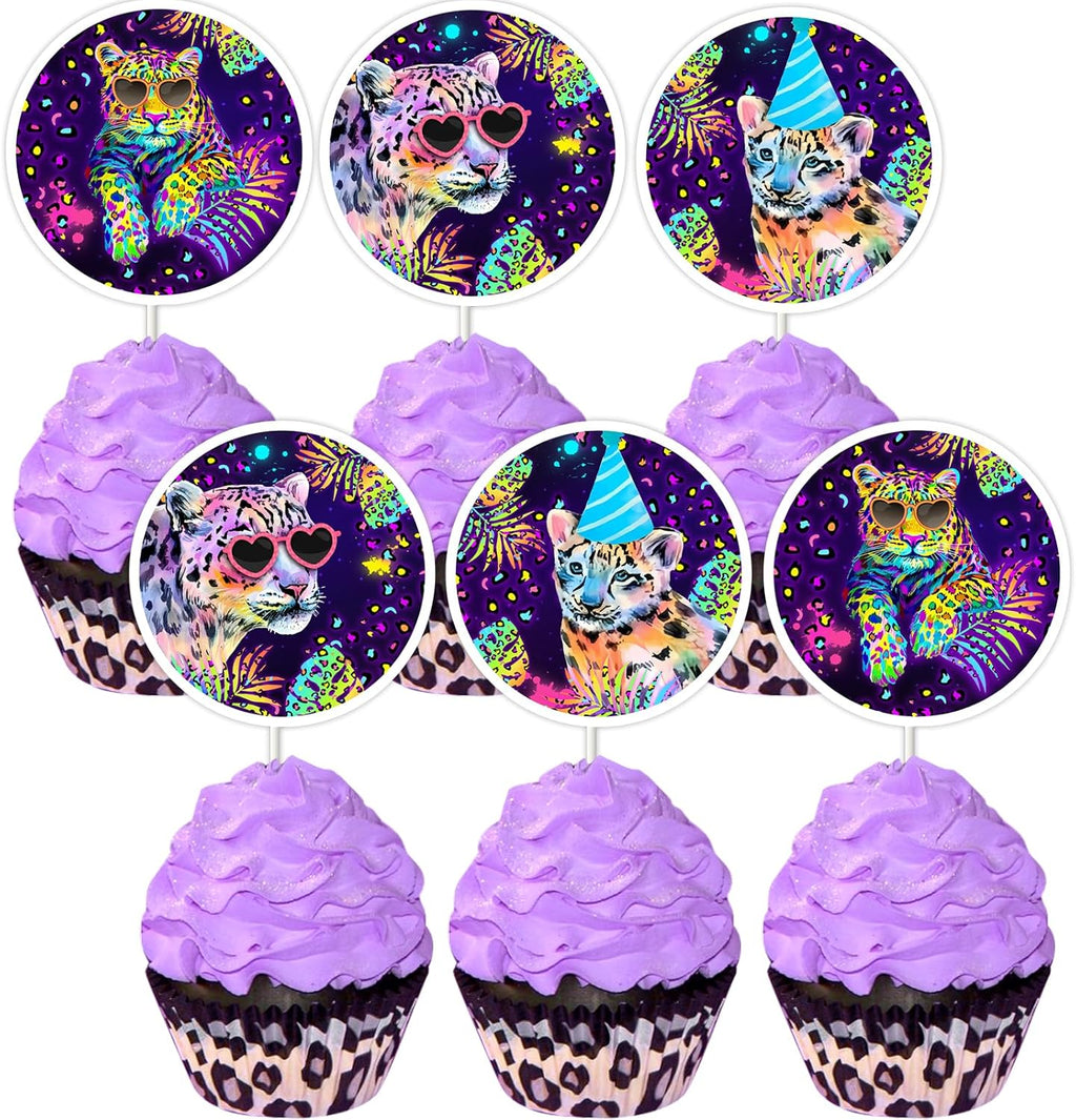 Cheereveal 36 Pieces Rainbow Cheetah Cupcake Toppers for Boys Girls - Leopard Print Cupcake Picks, Jungle Safari Animal Birthday Party Baby Shower Decorations