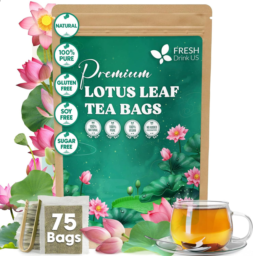 FreshDrinkUS, Premium 75 Lotus Leaf Tea Bags, 100% Natural & Pure from Lotus Leaves. Loose Leaf Lotus Herbal Tea. Made with Eco-Conscious Tea Bags. No Sugar, No Caffeine, No Gluten, Vegan.