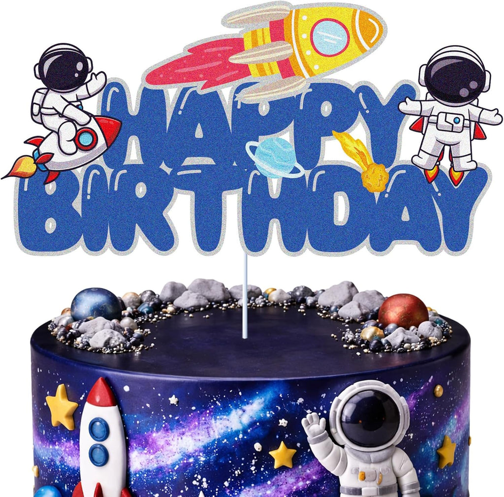 Outer Space Happy Birthday Cake Topper Blue Glitter Cake Decorations Spaceship Aliens Astronaut Rocket Solar System Planet Galaxy Boys Girls Kids Themed Birthday Outer Space Party Supplies