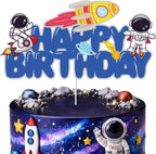 Outer Space Happy Birthday Cake Topper Blue Glitter Cake Decorations Spaceship Aliens Astronaut Rocket Solar System Planet Galaxy Boys Girls Kids Themed Birthday Outer Space Party Supplies