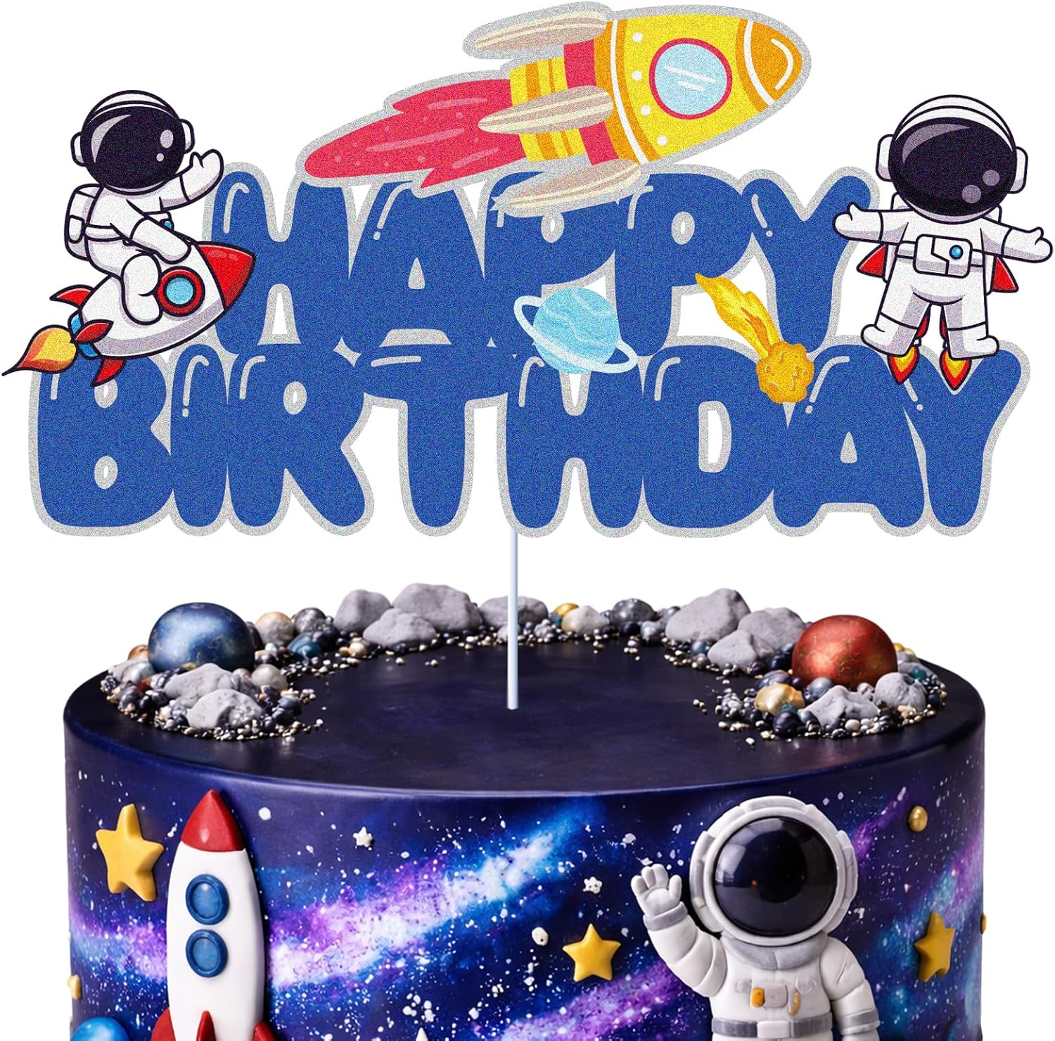 Outer Space Happy Birthday Cake Topper Blue Glitter Cake Decorations Spaceship Aliens Astronaut Rocket Solar System Planet Galaxy Boys Girls Kids Themed Birthday Outer Space Party Supplies